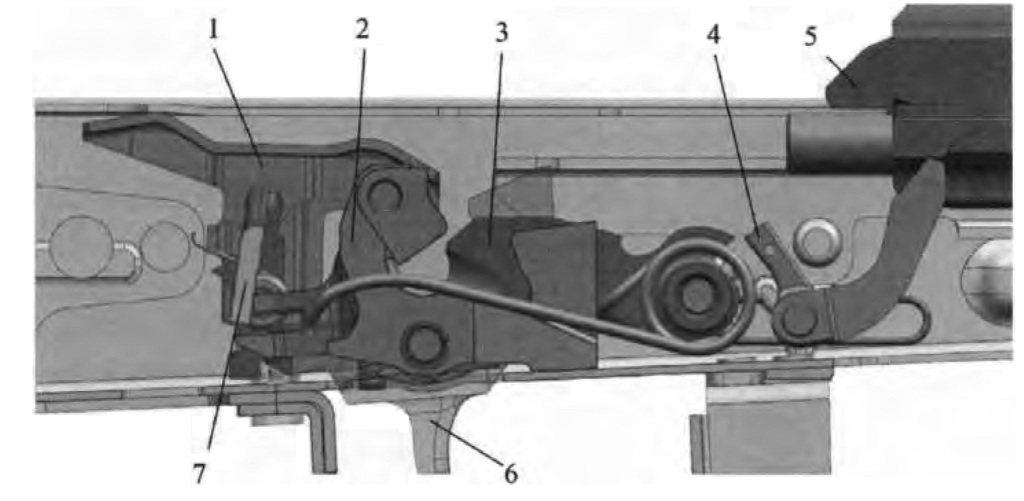 Рисунок 25 — Положение частей ударно-спускового механизма при переводчике, установленном на автоматическую стрельбу с отсечкой очереди (АК-12)