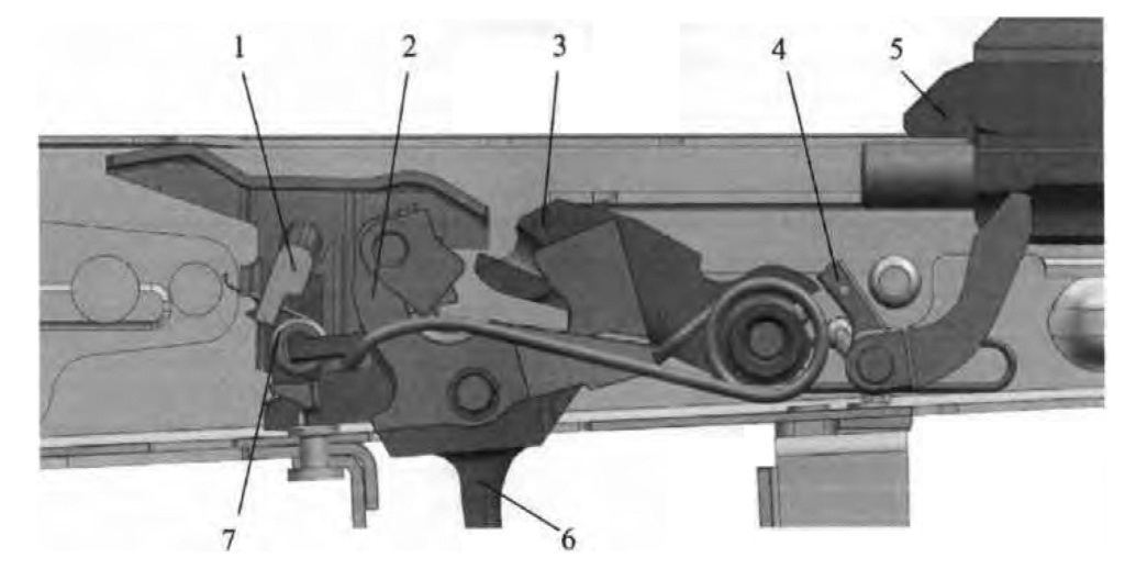 Рисунок 26 — Положение частей ударно-спускового механизма после выстрела при переводчике, установленном на одиночную стрельбу (АК-12)