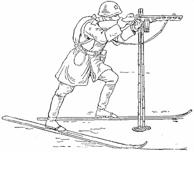 Рис. 77. Прикладка для стрельбы с лыж в положении стоя с упора