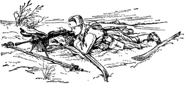 Рис. 63. Стрельба с лыж с использованием палок для упора под сошку и лыжи для упора под локти