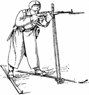 Рис. 67. Стрельба с лыж стоя и использованием палок в качестве упора