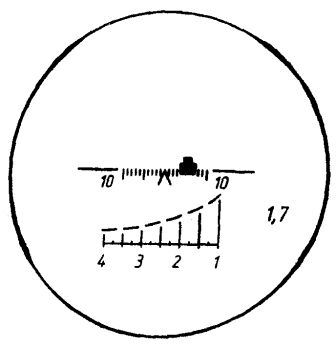 Рис. 5.2. Вид поля зрения оптического прицела при учёте поправки на боковой ветер шкалой сетки прицела (поправка на сильный ветер слева равна 0-05)