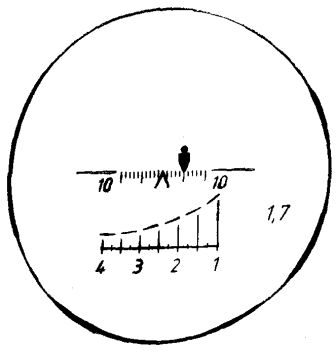 Рис. 5.3. Вид  поля зрения оптического прицела при учёте упреждения на  движение цели шкалой боковых поправок (упреждение равно 0-04)