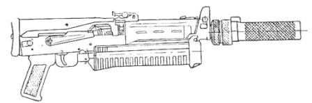 Рис. 6 — 9-мм пистолет-пулемет «Бизон-2» с верхним прикладом и глушителем. Приклад в сложенном положении. Общий вид