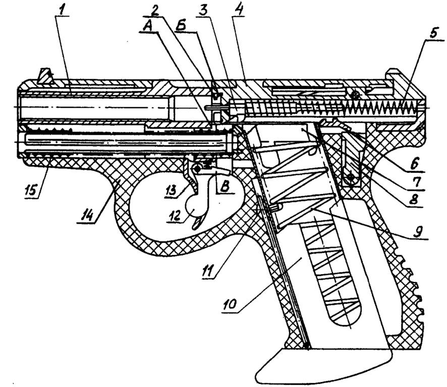 Рис. 3. Положение частей и механизмов пистолета до заряжания: