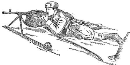 Рис. 82. Стрельба с лыж с использованием палок для упора под сошку и лыжи для упора под локти