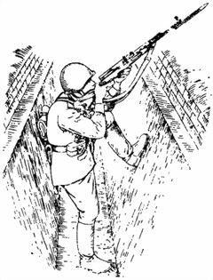 Рис. 74. Стрельба из траншеи (хода сообщения) по воздушным целям с опорой спиной и левой ногой о крутость траншеи